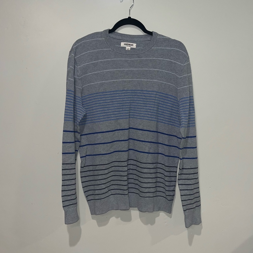 Goodthreads Men's Size L & Tall Grey Striped Cotton Crewneck Sweater